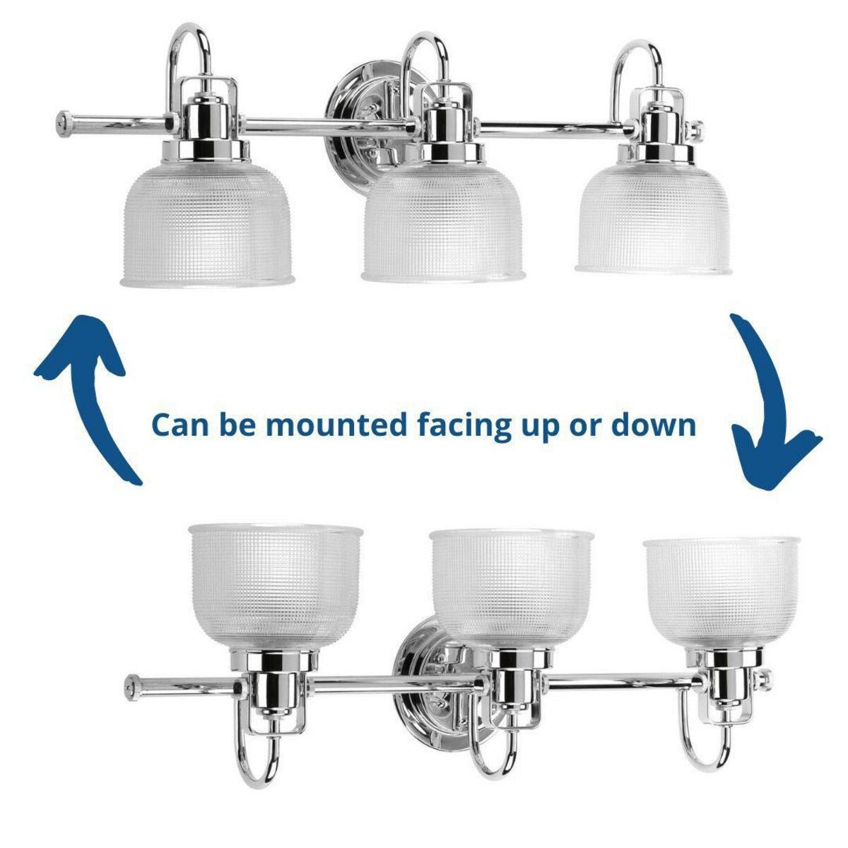 Applique murale de salle de bain Archie Collection à trois lumières, chrome poli, verre prismatique double transparent, style côtier - 8,75 x 26,25 x 7,25