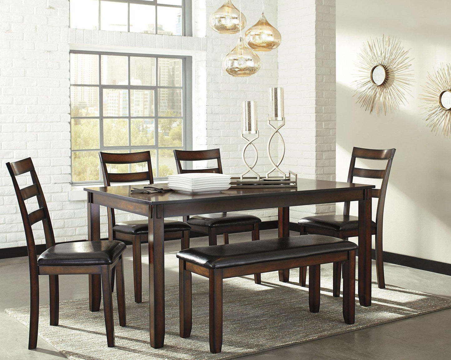 Table à manger et chaises Coviar avec banc (ensemble de 6)