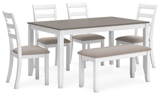 Table à manger et chaises Stonehollow avec banc (ensemble de 6)
