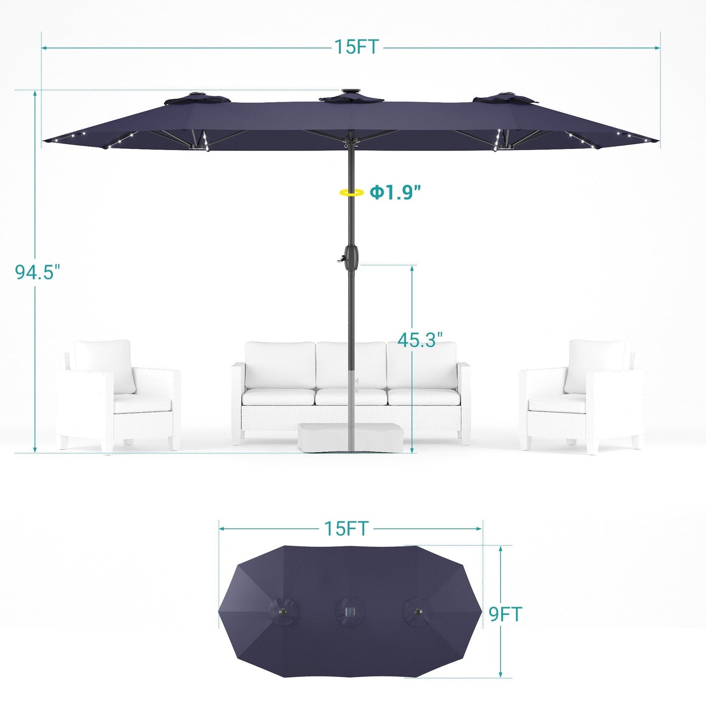 Parapluie de terrasse double face en aluminium à LED de 4,5 x 2,7 m (15 x 9 pieds) BONOSUKI, grande canopée