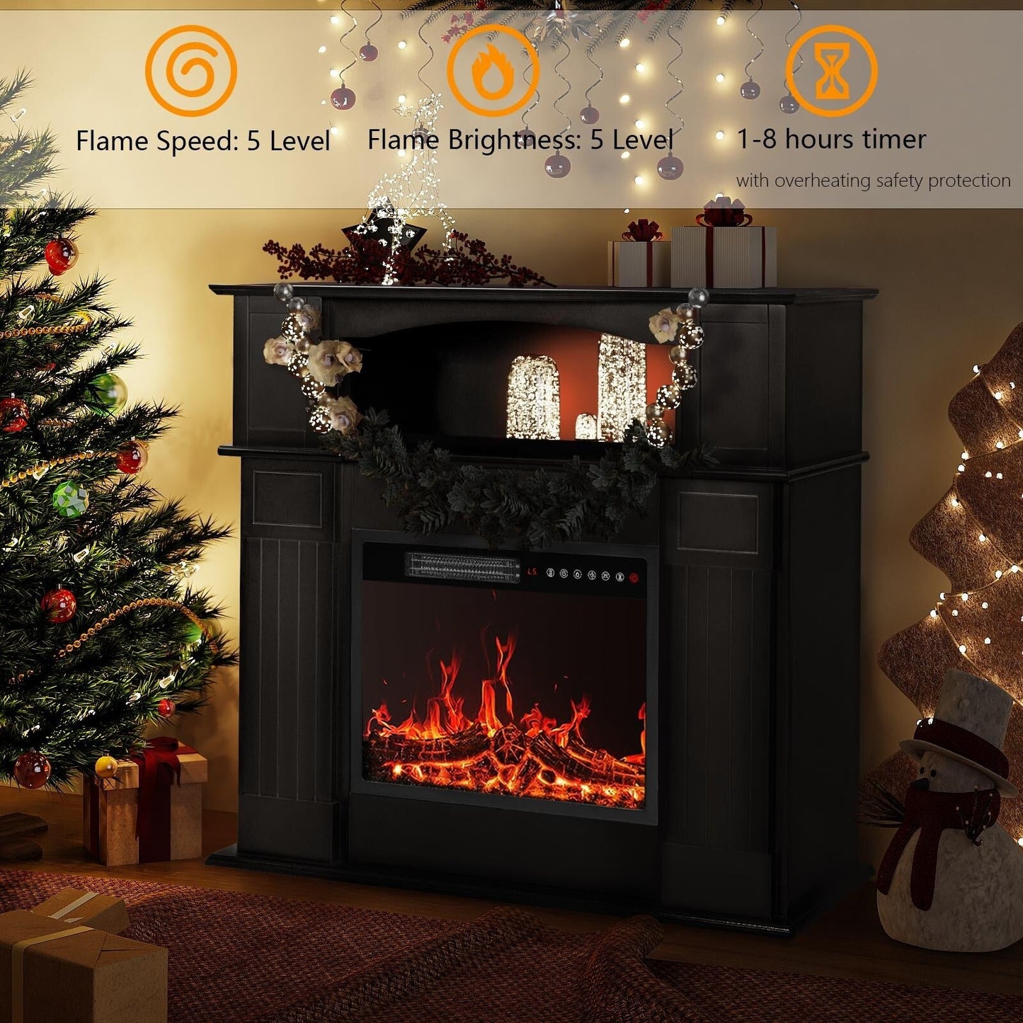 BOSSIN Cheminée électrique 43 pouces avec manteau, insert de cheminée électrique 23 pouces, meuble TV indépendant avec foyer en bois