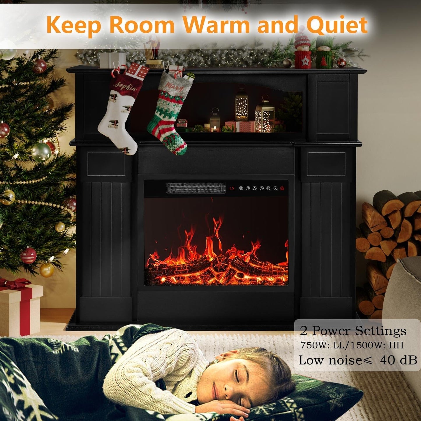 BOSSIN Cheminée électrique 43 pouces avec manteau, insert de cheminée électrique 23 pouces, meuble TV indépendant avec foyer en bois