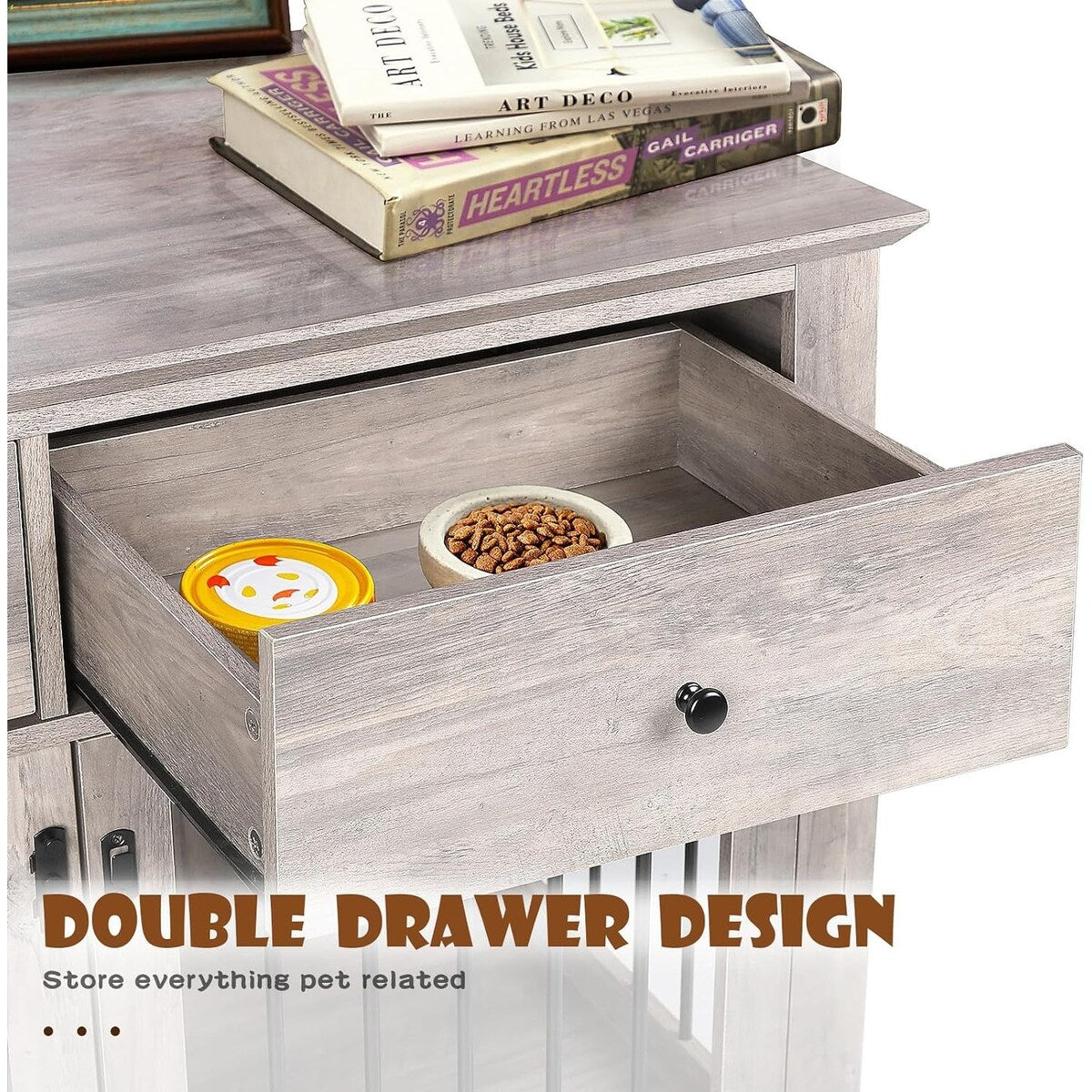 BOSSIN Meuble-abri pour chien de grande taille (112 cm), table de chevet en bois pour chien avec tiroirs de rangement, abri décoratif pour animaux de compagnie.