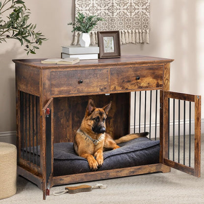 BOSSIN Meuble-abri pour chien de grande taille (112 cm), table de chevet en bois pour chien avec tiroirs de rangement, abri décoratif pour animaux de compagnie.