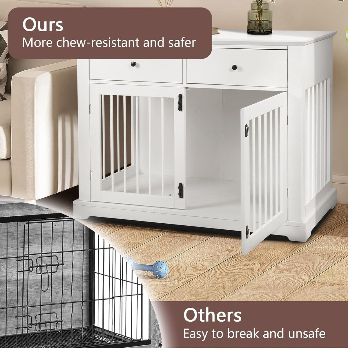 BOSSIN Meuble-abri pour chien de grande taille (112 cm), table de chevet en bois pour chien avec tiroirs de rangement, abri décoratif pour animaux de compagnie.