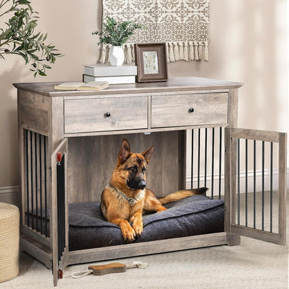 BOSSIN Meuble-abri pour chien de grande taille (112 cm), table de chevet en bois pour chien avec tiroirs de rangement, abri décoratif pour animaux de compagnie.