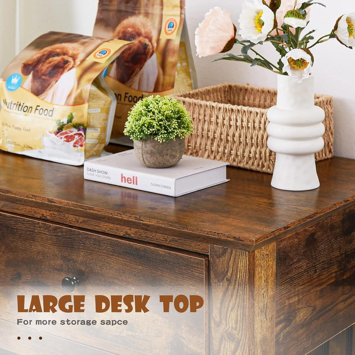 BOSSIN Meuble-abri pour chien de grande taille (112 cm), table de chevet en bois pour chien avec tiroirs de rangement, abri décoratif pour animaux de compagnie.