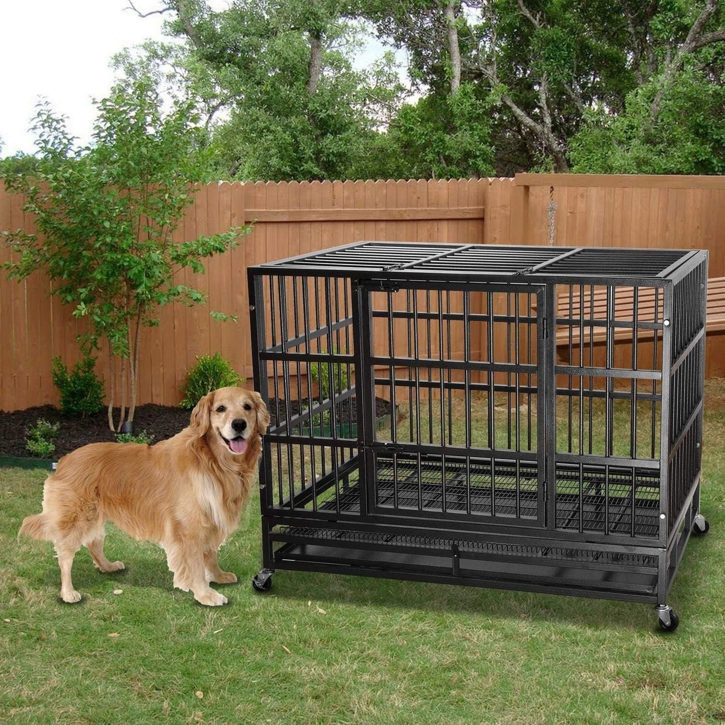Cage pour chien BOSSIN 48/38 pouces, très résistante et indestructible, cage à chien anti-fuite avec roues verrouillables.