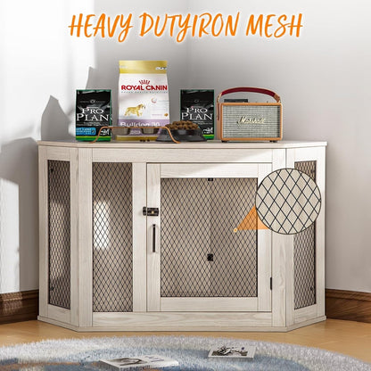 BOSSIN Meuble-côte pour chien d'angle, meuble-côte en bois pour chien de 112/132 cm avec grille, maison de chien en bois décorative pour usage intérieur.