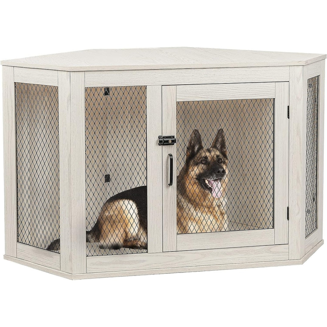 BOSSIN Meuble-côte pour chien d'angle, meuble-côte en bois pour chien de 112/132 cm avec grille, maison de chien en bois décorative pour usage intérieur.