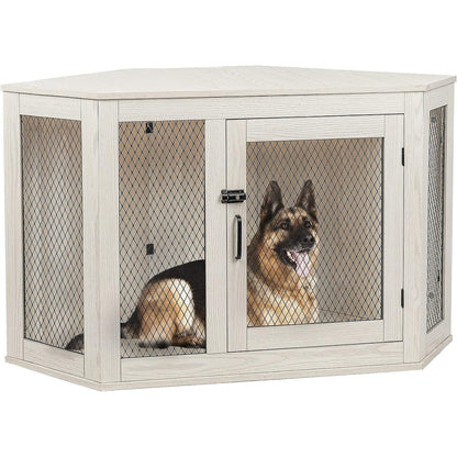 BOSSIN Meuble-côte pour chien d'angle, meuble-côte en bois pour chien de 112/132 cm avec grille, maison de chien en bois décorative pour usage intérieur.