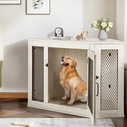 BOSSIN Meuble-côte pour chien d'angle, meuble-côte en bois pour chien de 112/132 cm avec grille, maison de chien en bois décorative pour usage intérieur.