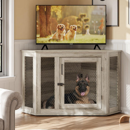BOSSIN Meuble-côte pour chien d'angle, meuble-côte en bois pour chien de 112/132 cm avec grille, maison de chien en bois décorative pour usage intérieur.