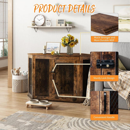 BOSSIN Meuble-côte pour chien d'angle, meuble-côte en bois pour chien de 112/132 cm avec grille, maison de chien en bois décorative pour usage intérieur.