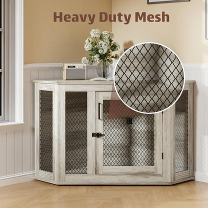 BOSSIN Meuble-côte pour chien d'angle, meuble-côte en bois pour chien de 112/132 cm avec grille, maison de chien en bois décorative pour usage intérieur.