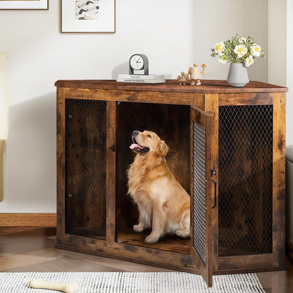 BOSSIN Meuble-côte pour chien d'angle, meuble-côte en bois pour chien de 112/132 cm avec grille, maison de chien en bois décorative pour usage intérieur.