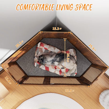 BOSSIN Meuble-côte pour chien d'angle, meuble-côte en bois pour chien de 112/132 cm avec grille, maison de chien en bois décorative pour usage intérieur.