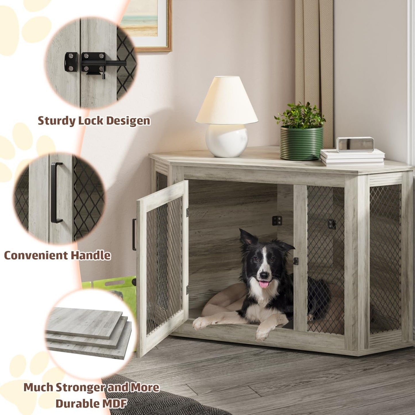 BOSSIN Meuble-côte pour chien d'angle, meuble-côte en bois pour chien de 112/132 cm avec grille, maison de chien en bois décorative pour usage intérieur.