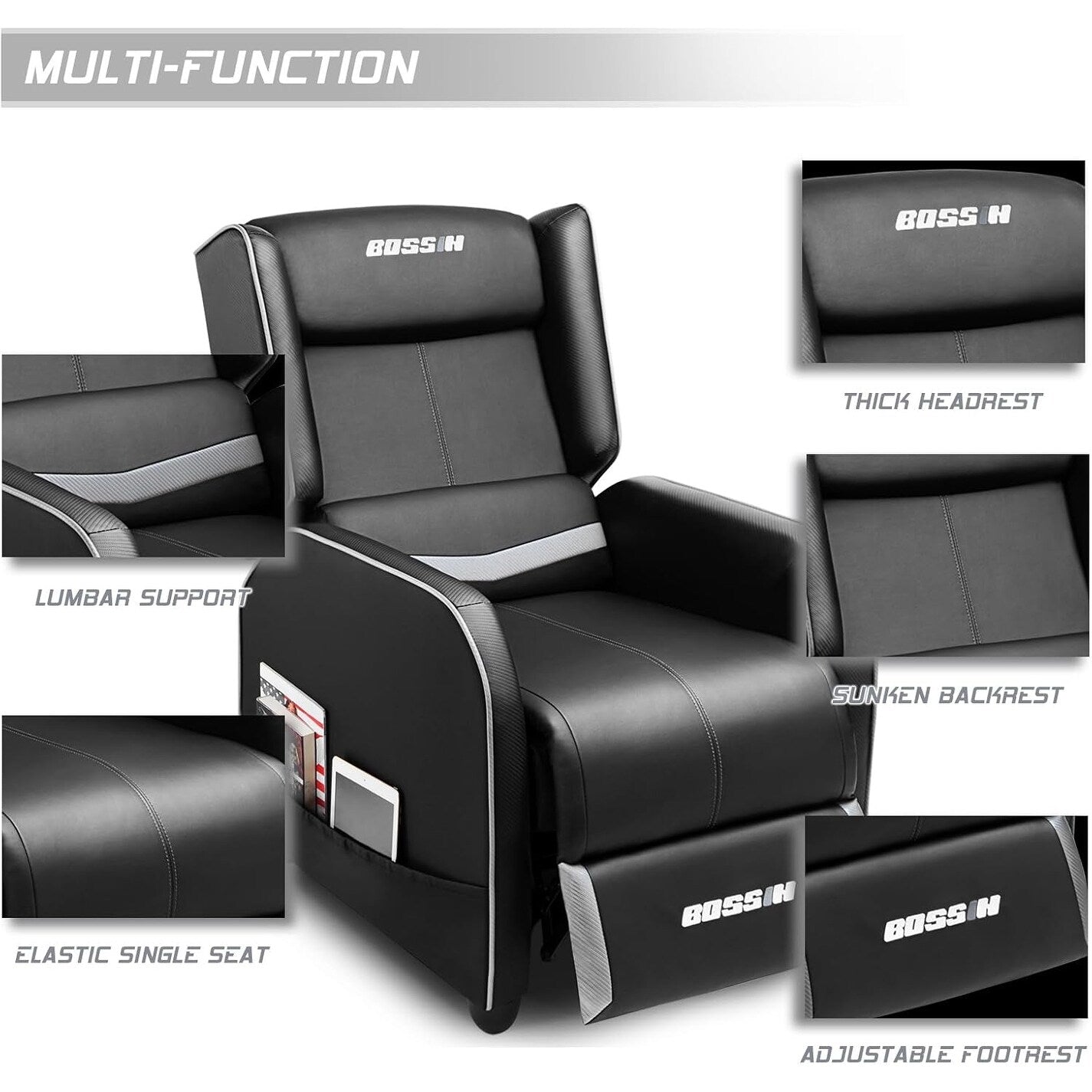 BOSSIN Fauteuil inclinable de jeu ergonomique en cuir PU pour salon