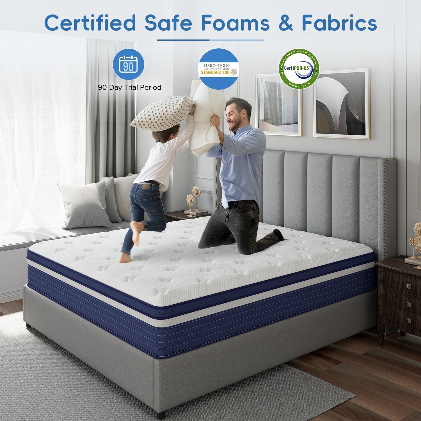 Matelas hybride à ressorts SweDrea de 25 cm (10 po) à refroidissement et respirabilité, fermeté moyenne, certifié CertiPUR-US, SGS et OEKO-TEX.