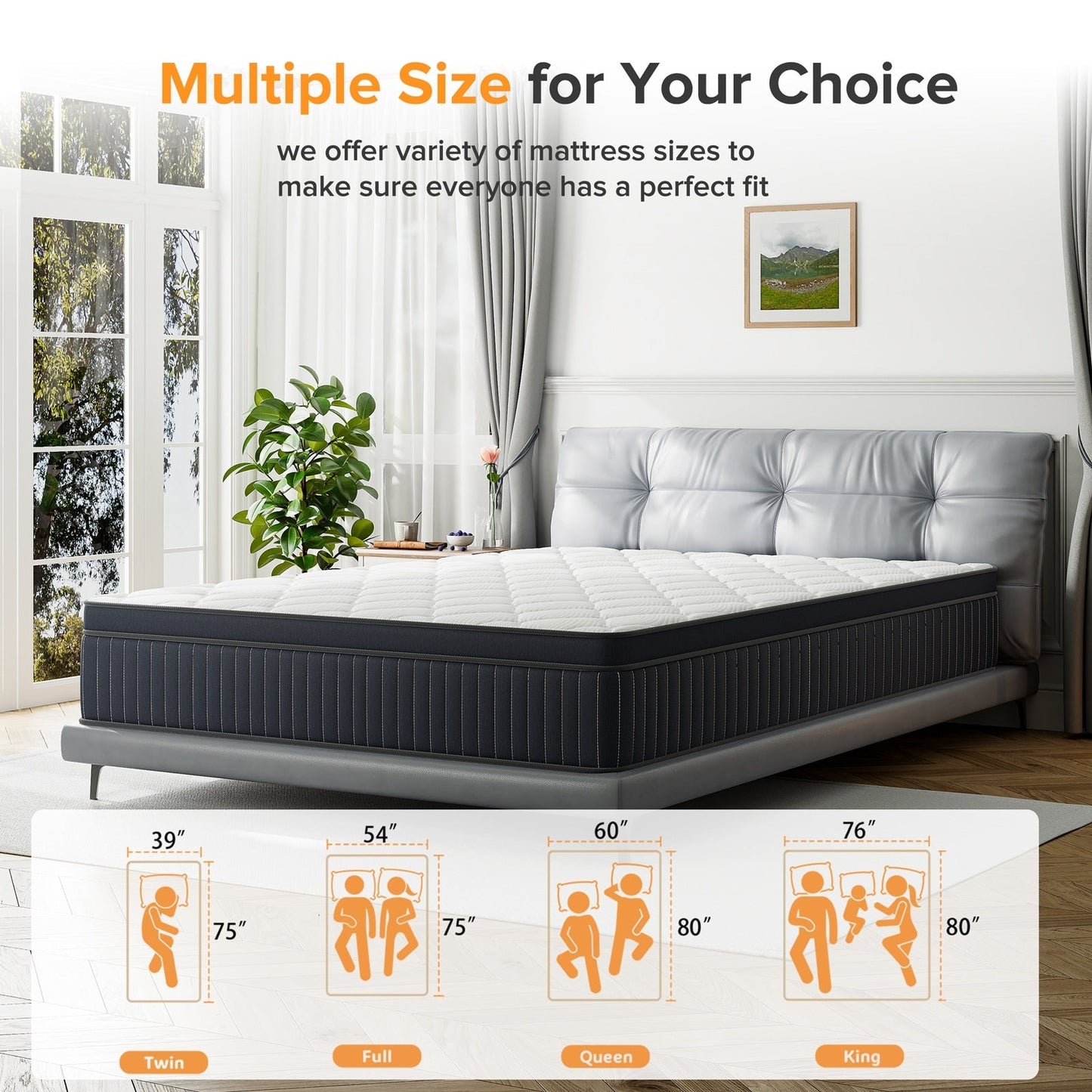 Matelas hybride SweDrea à ressorts avec mousse à mémoire de forme au gel, surcouche de 30 cm (12 po) et niveau de fermeté moyen, certifié CertiPUR-US, SGS et OEKO-TEX.