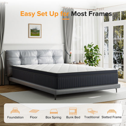 Matelas hybride SweDrea à ressorts avec mousse à mémoire de forme au gel, surcouche de 30 cm (12 po) et niveau de fermeté moyen, certifié CertiPUR-US, SGS et OEKO-TEX.