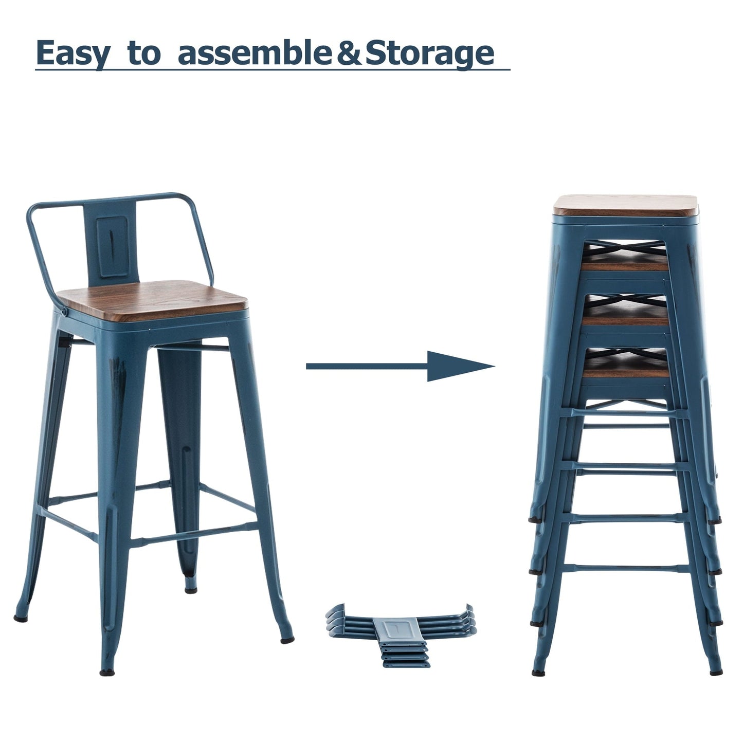 Tabourets de bar avec dossier, lot de 4, tabourets de bar industriels en métal avec assises en bois