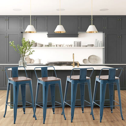 Tabourets de bar avec dossier, lot de 4, tabourets de bar industriels en métal avec assises en bois
