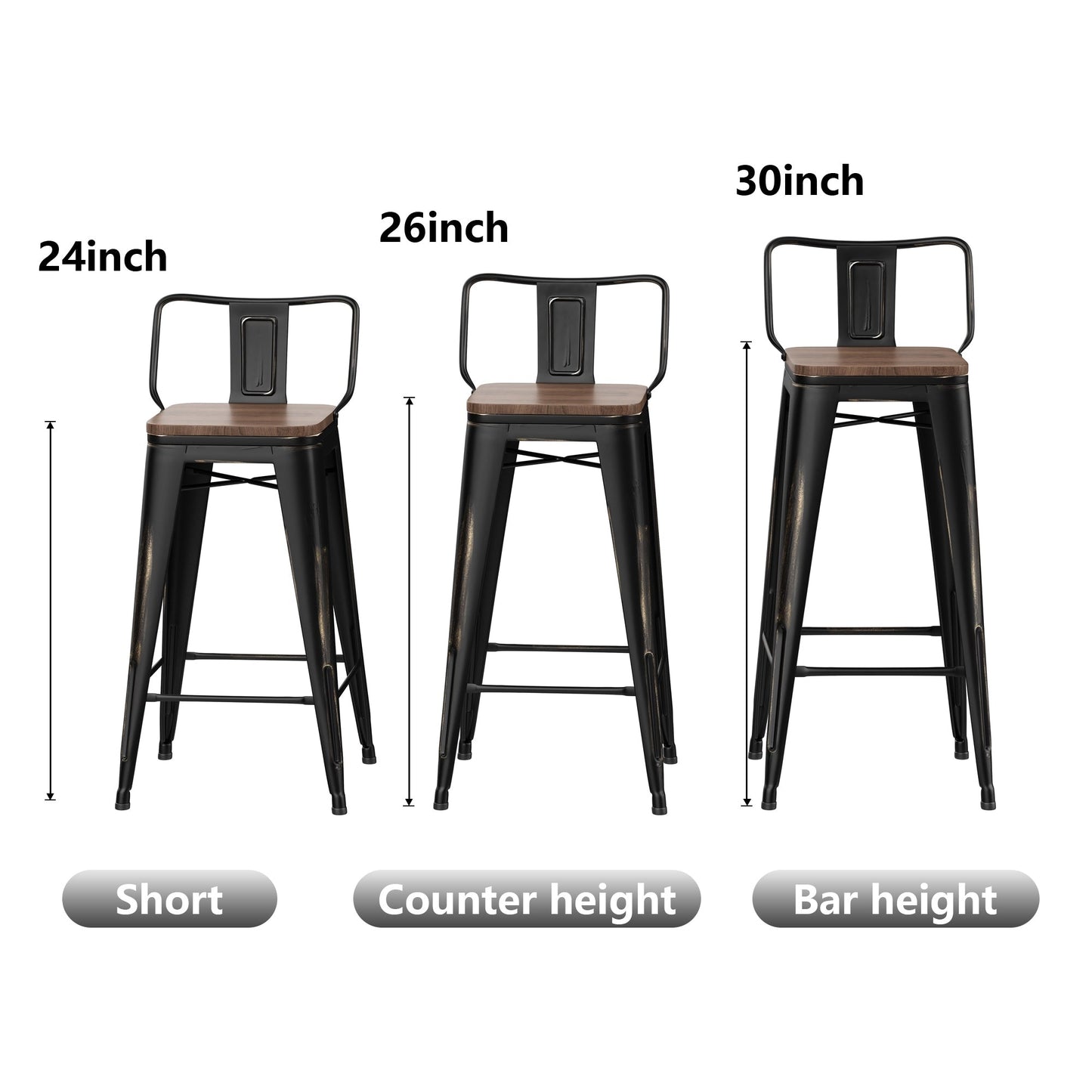 Tabourets de bar avec dossier, lot de 4, tabourets de bar industriels en métal avec assises en bois