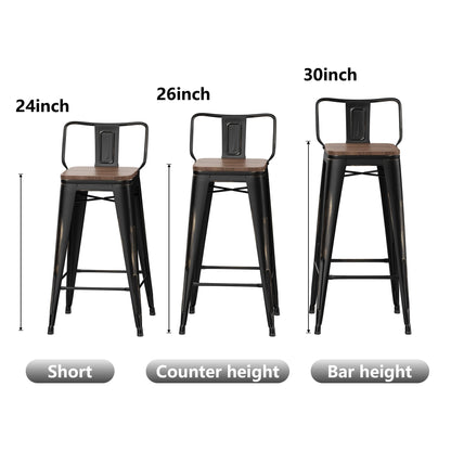 Tabourets de bar avec dossier, lot de 4, tabourets de bar industriels en métal avec assises en bois