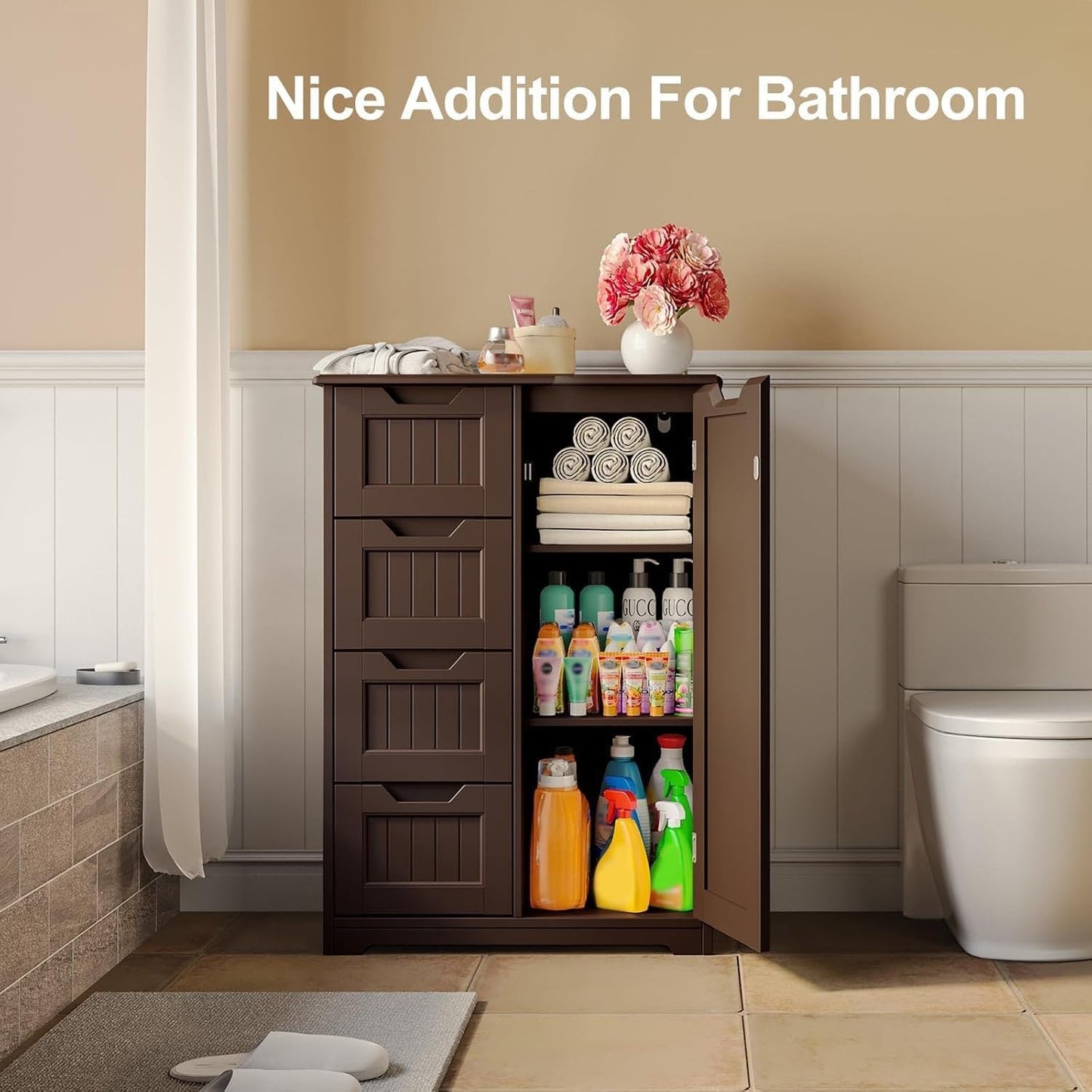 Meuble de rangement pour salle de bain, meuble de rangement au sol avec 4 tiroirs et étagère réglable