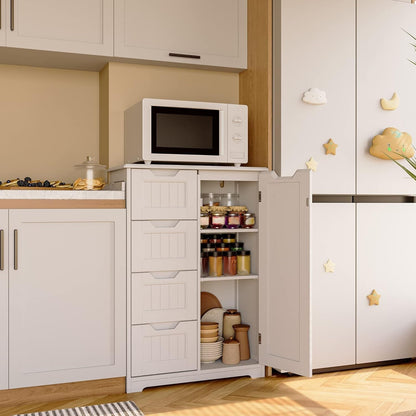 Meuble de rangement pour salle de bain, meuble de rangement au sol avec 4 tiroirs et étagère réglable