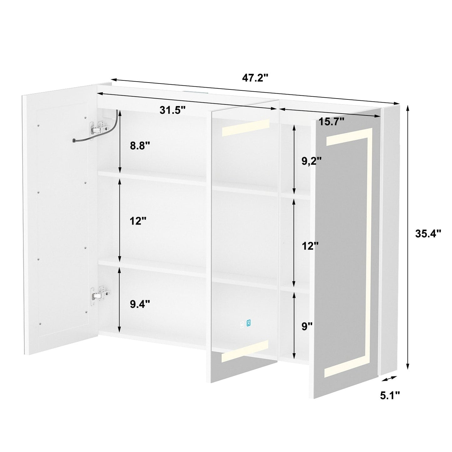 Armoire à pharmacie de salle de bain avec miroir LED anti-buée 6000K, armoire murale blanche