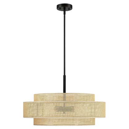 Luminaire à suspension à 5 lumières en forme de tambour noir de style côtier avec abat-jour double en rotin - 61 cm de largeur