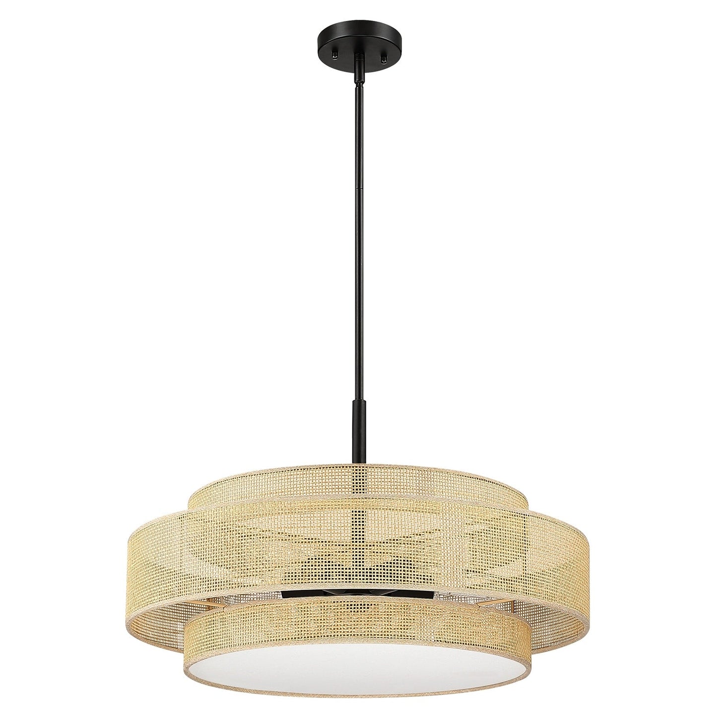Luminaire à suspension à 5 lumières en forme de tambour noir de style côtier avec abat-jour double en rotin - 61 cm de largeur