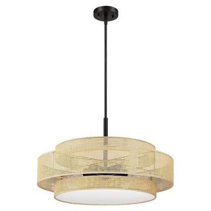 Luminaire à suspension à 5 lumières en forme de tambour noir de style côtier avec abat-jour double en rotin - 61 cm de largeur