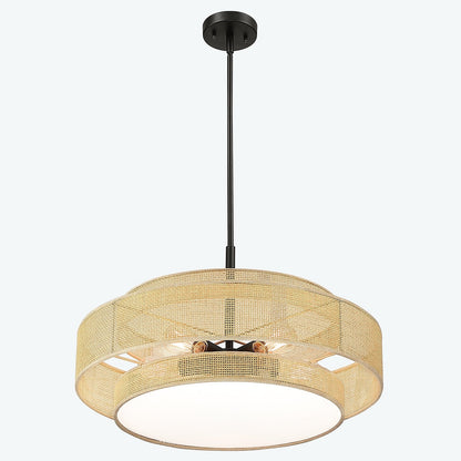 Luminaire à suspension à 5 lumières en forme de tambour noir de style côtier avec abat-jour double en rotin - 61 cm de largeur