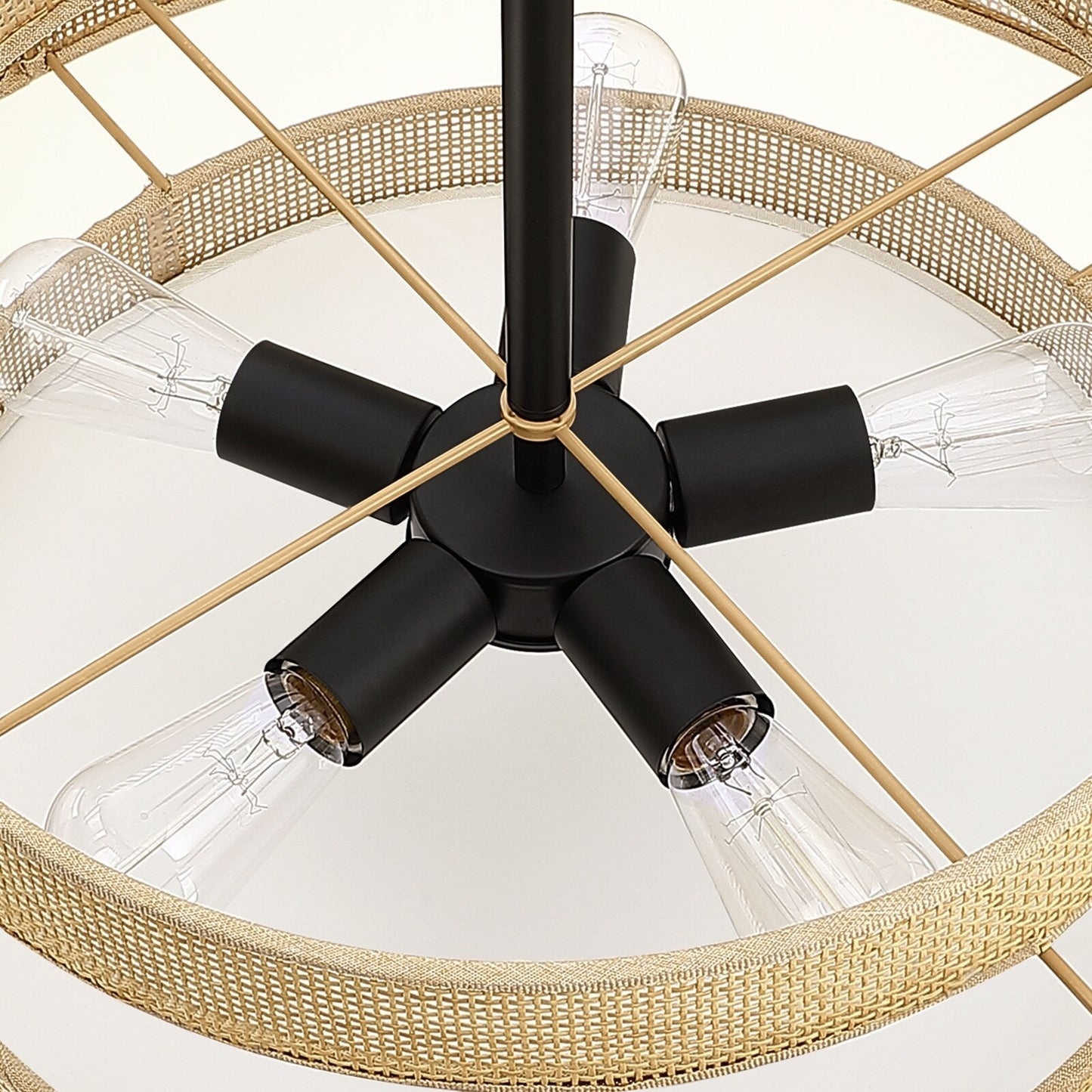 Luminaire à suspension à 5 lumières en forme de tambour noir de style côtier avec abat-jour double en rotin - 61 cm de largeur