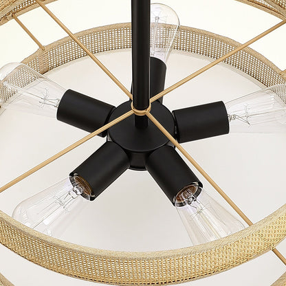 Luminaire à suspension à 5 lumières en forme de tambour noir de style côtier avec abat-jour double en rotin - 61 cm de largeur