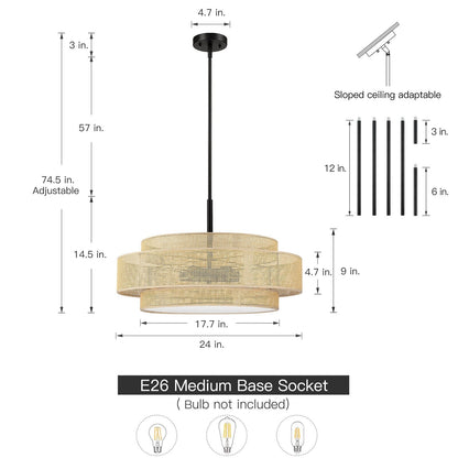 Luminaire à suspension à 5 lumières en forme de tambour noir de style côtier avec abat-jour double en rotin - 61 cm de largeur