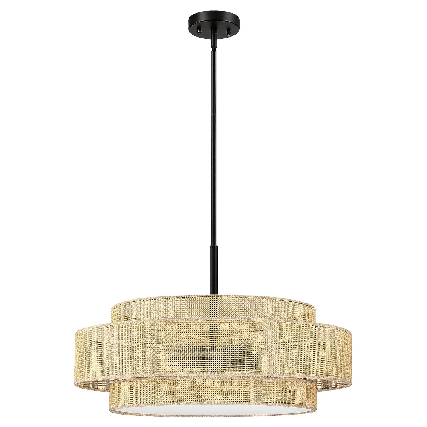 Luminaire à suspension à 5 lumières en forme de tambour noir de style côtier avec abat-jour double en rotin - 61 cm de largeur