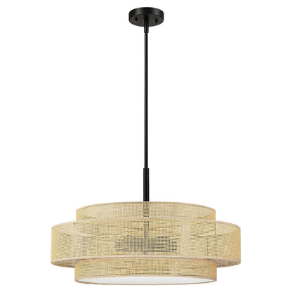 Luminaire à suspension à 5 lumières en forme de tambour noir de style côtier avec abat-jour double en rotin - 61 cm de largeur