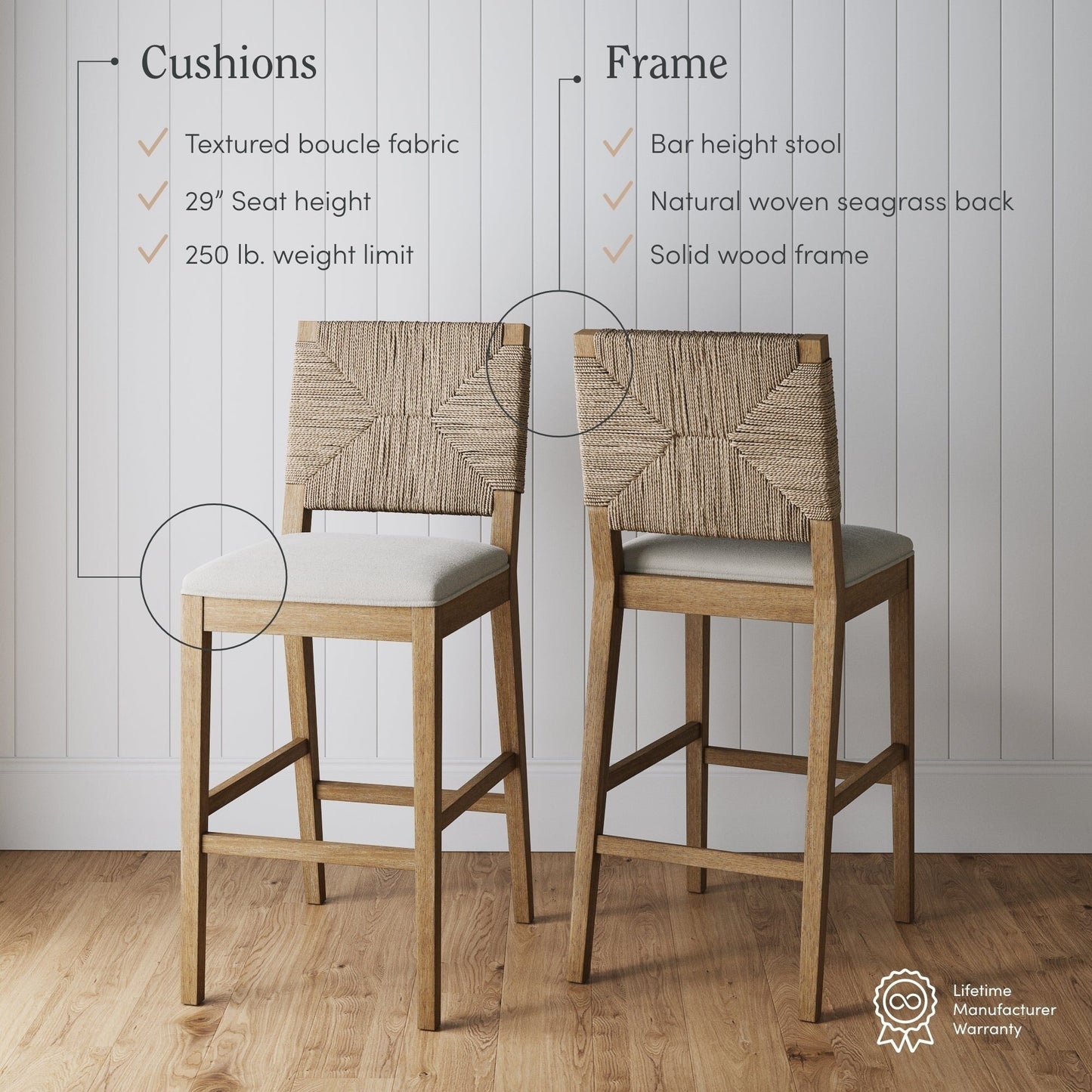 Tabouret de bar Beacon Bohemian Boucle, chaise de comptoir rembourrée avec cadre en bois massif et dossier en jonc tressé.