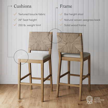 Tabouret de bar Beacon Bohemian Boucle, chaise de comptoir rembourrée avec cadre en bois massif et dossier en jonc tressé.