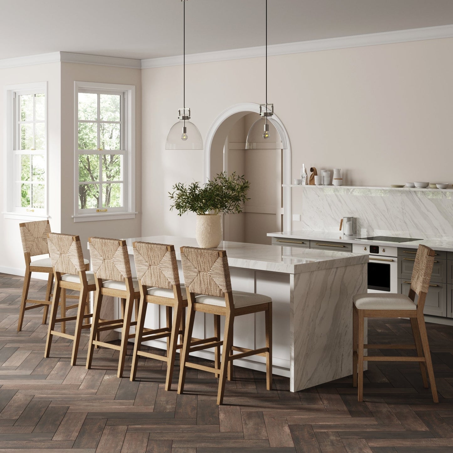 Tabouret de bar Beacon Bohemian Boucle, chaise de comptoir rembourrée avec cadre en bois massif et dossier en jonc tressé.