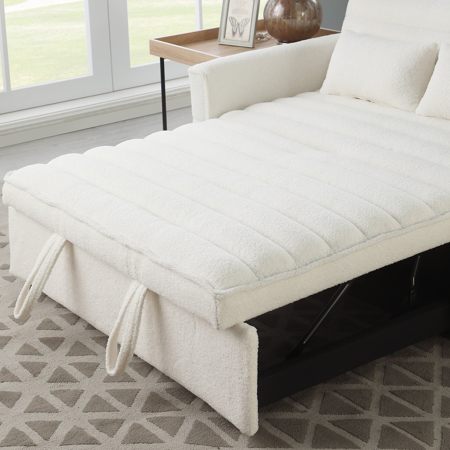 Canapé-lit convertible beige 55.12 en bouclette, avec dossier réglable et 2 coussins lombaires pour le salon.