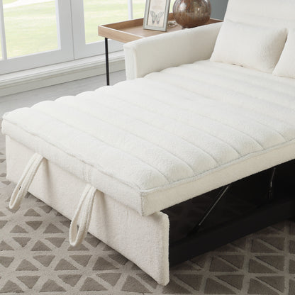 Canapé-lit convertible beige 55.12 en bouclette, avec dossier réglable et 2 coussins lombaires pour le salon.