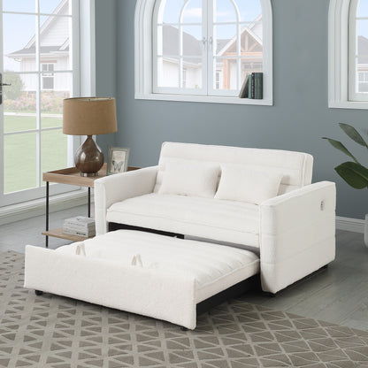 Canapé-lit convertible beige 55.12 en bouclette, avec dossier réglable et 2 coussins lombaires pour le salon.