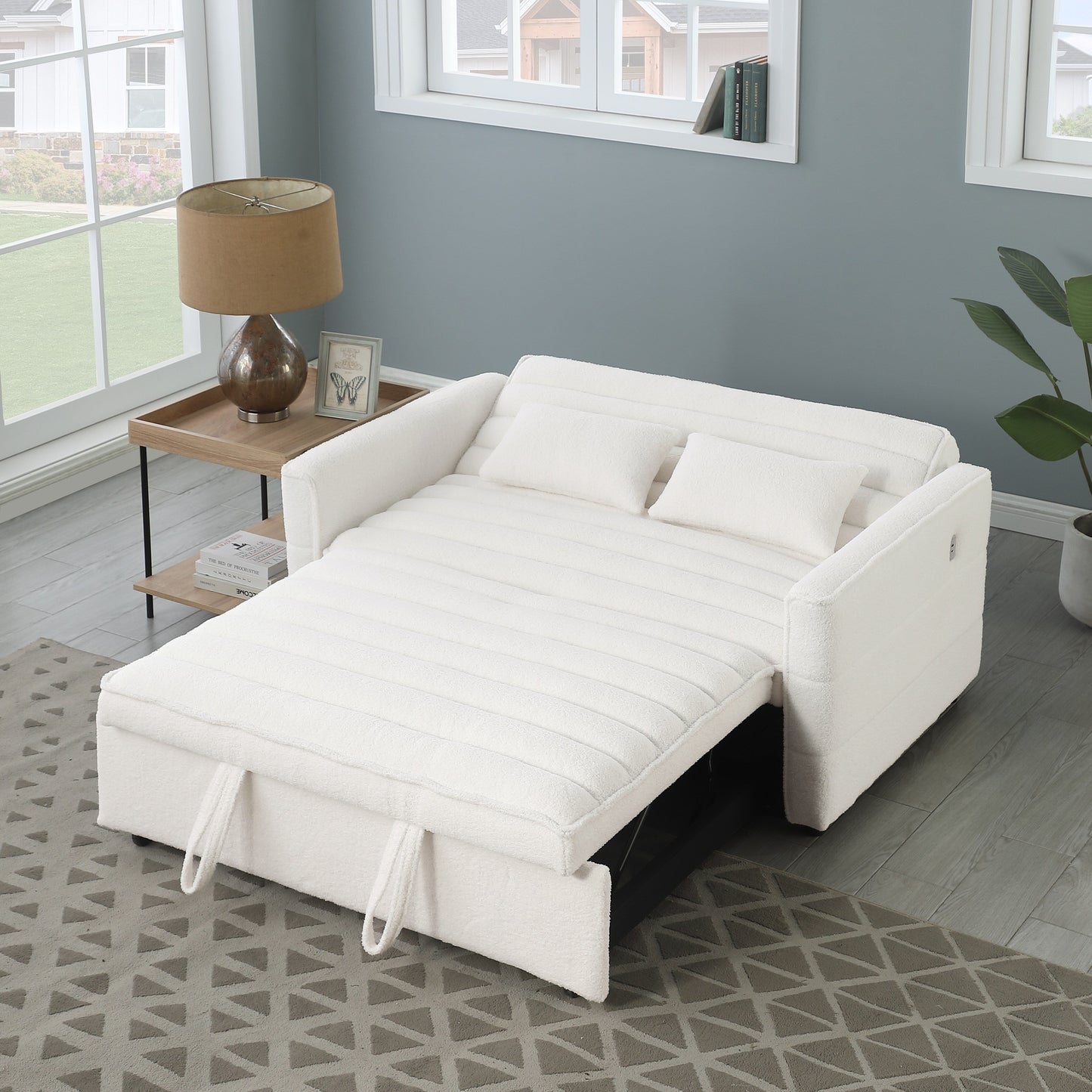 Canapé-lit convertible beige 55.12 en bouclette, avec dossier réglable et 2 coussins lombaires pour le salon.