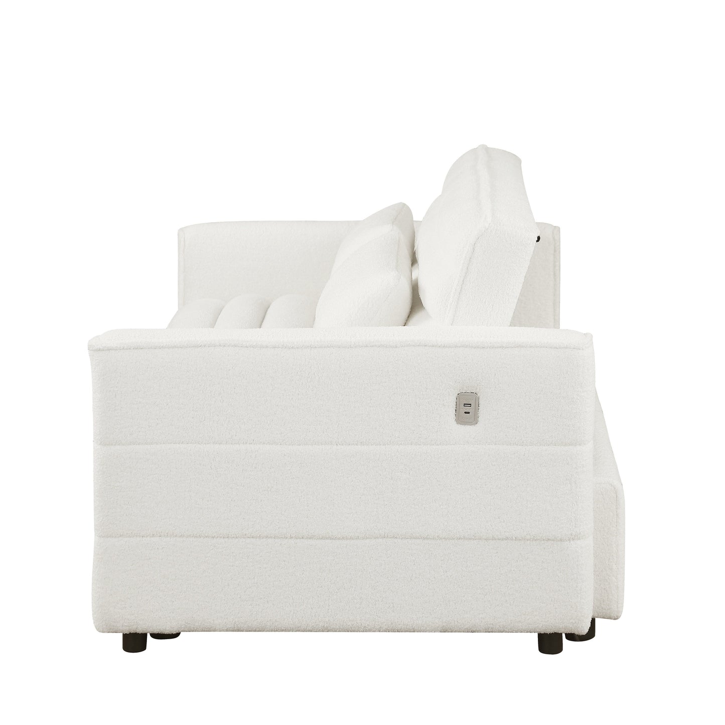 Canapé-lit convertible beige 55.12 en bouclette, avec dossier réglable et 2 coussins lombaires pour le salon.